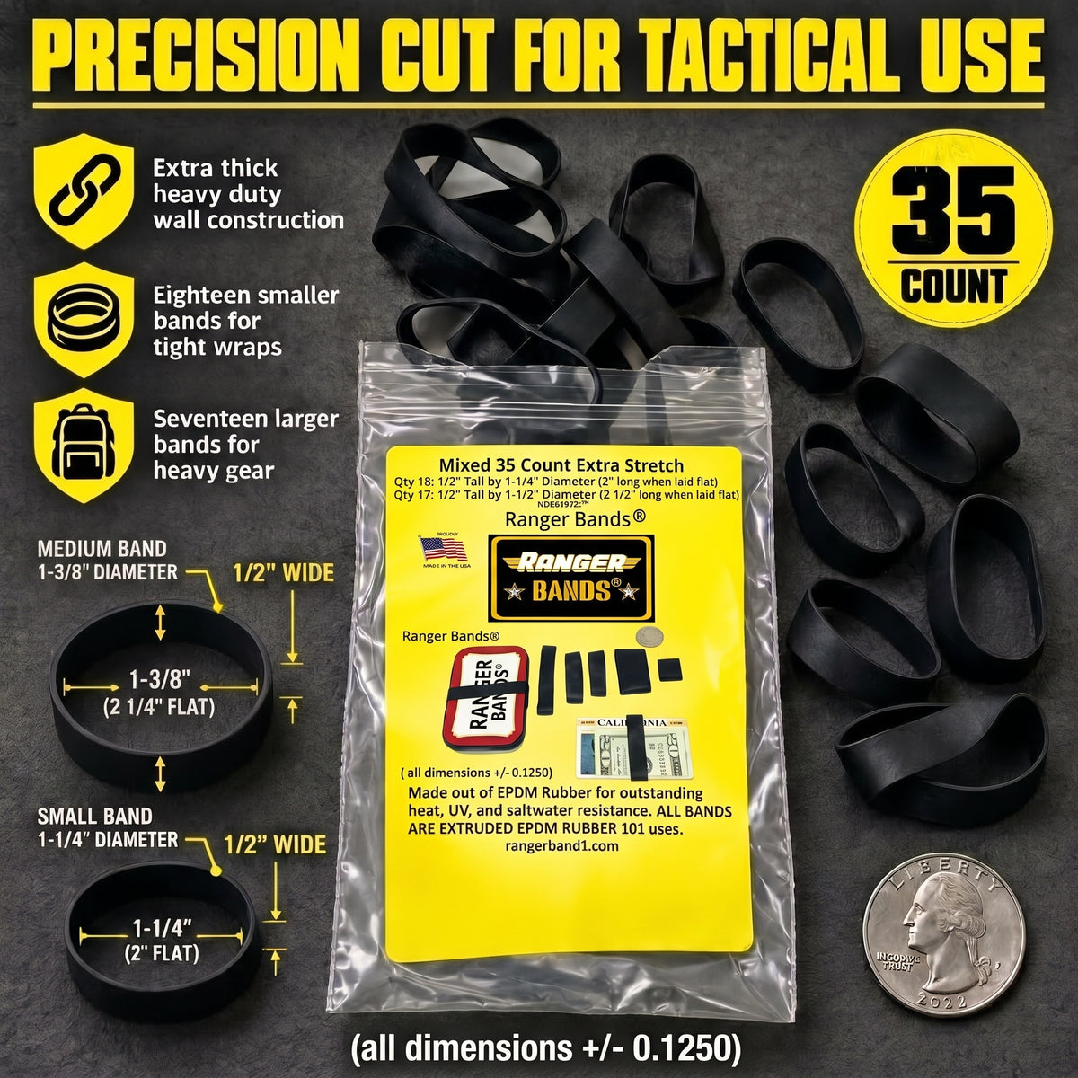 Ranger Bands® Mixed 35 count Extra Stretch Made From EPDM Rubber for Survival and Strapping Gear Made in the USA NGE61972
