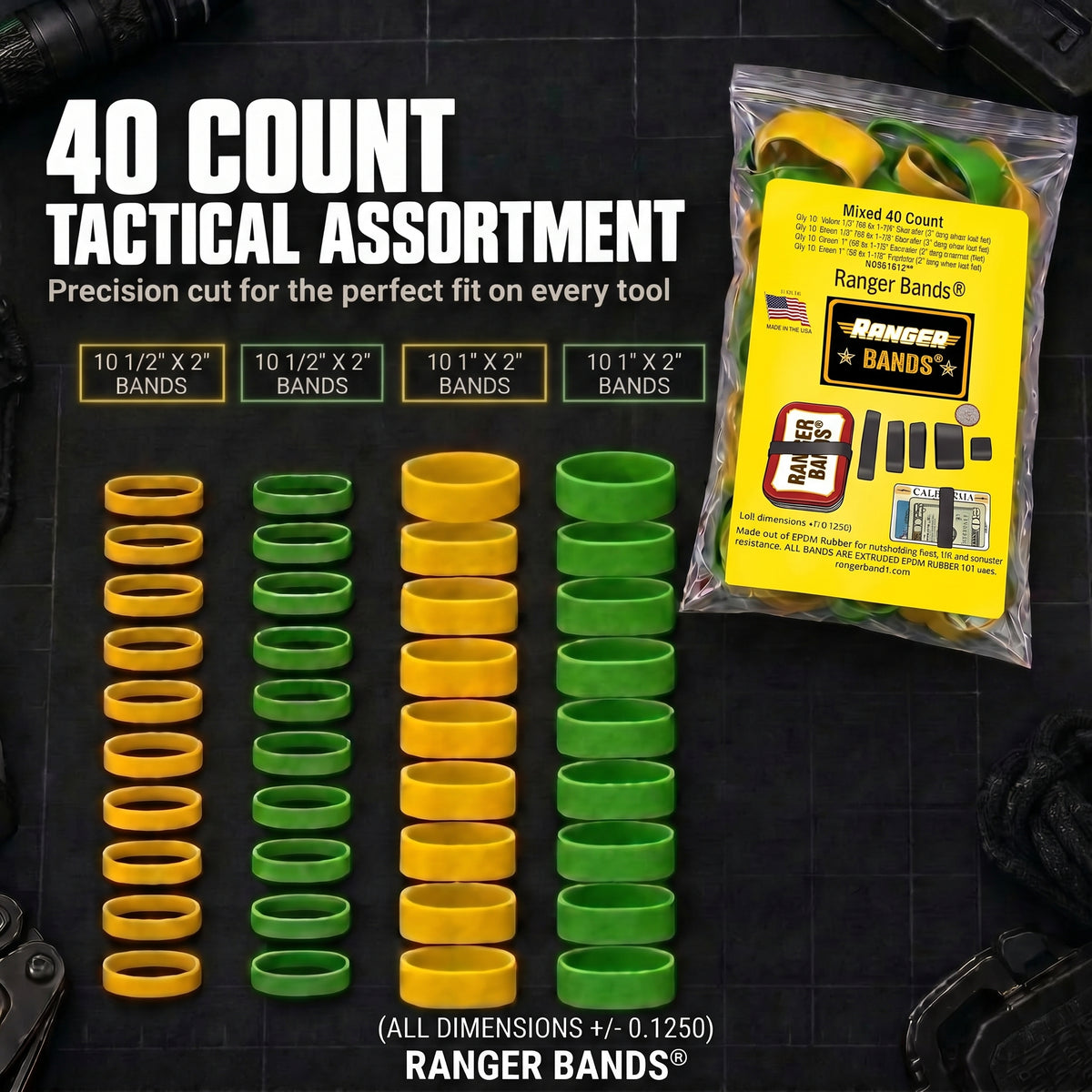 Ranger Bands® Mixed 40 Count Extra Stretch Safety colors Made from EPDM Rubber for Survival, Emergency Tinder and Strapping Gear Made in the USA