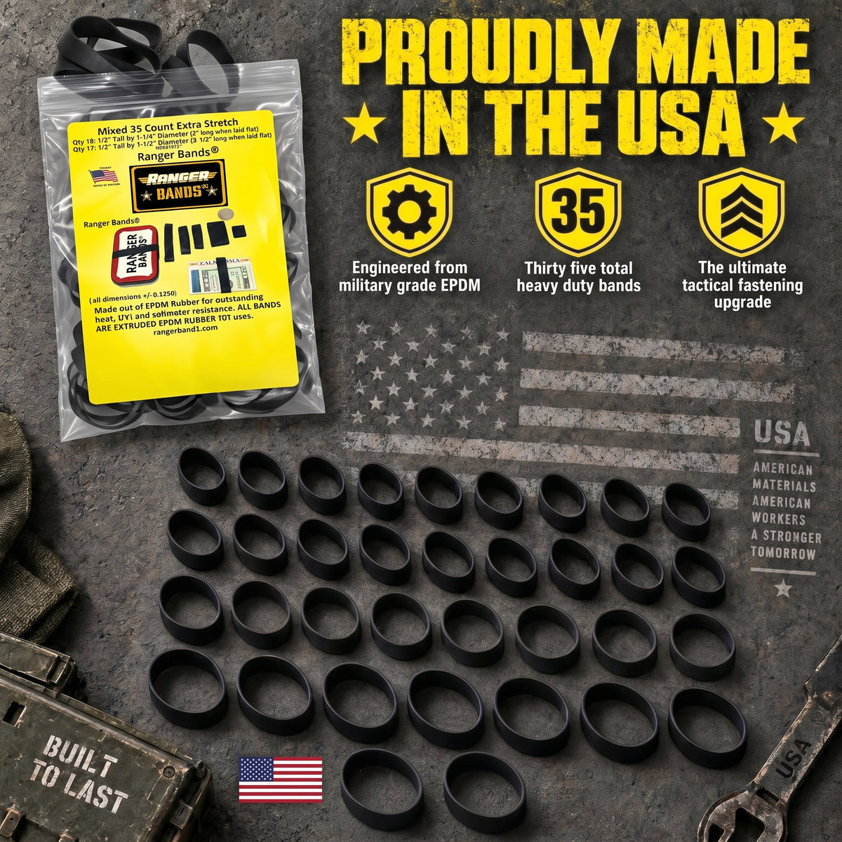 Ranger Bands® Mixed 35 count Extra Stretch Made From EPDM Rubber for Survival and Strapping Gear Made in the USA NGE61972