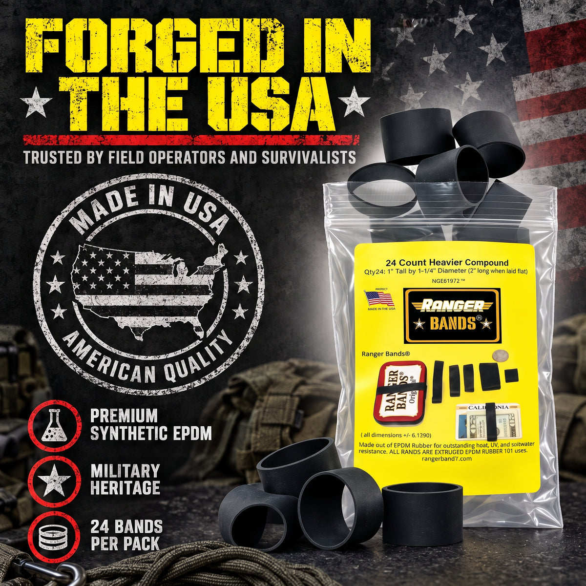 Ranger Bands® Medium Wide 24 Count High Tension less stretch Compound EPDM Rubber for Survival, Emergency Tinder and Strapping Made in the USA
