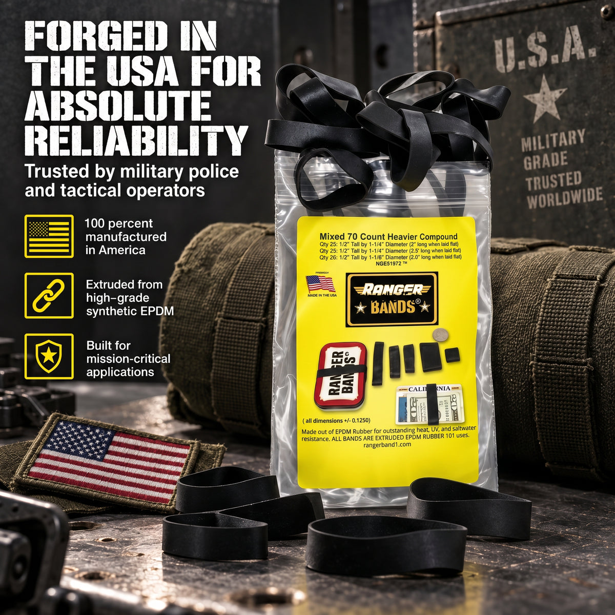 Ranger Bands® Mixed 70 Count Heavier Compound Made From EPDM Rubber for Emergency Tinder, Survival and Strapping Gear of Various Sizes NGE61972