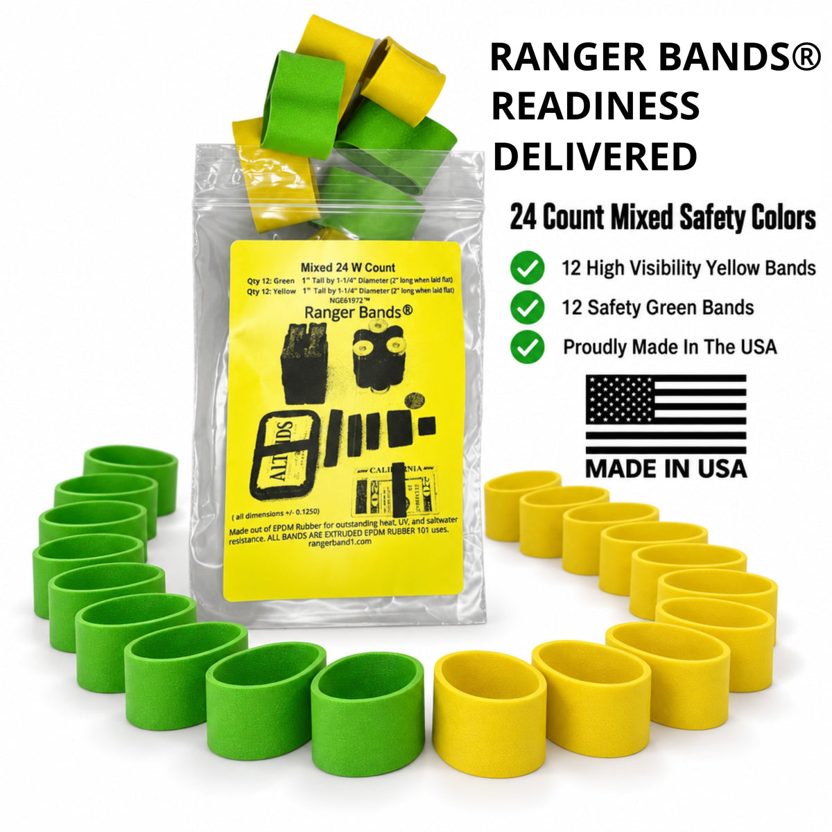 Ranger Bands® Mixed 24 Extra Stretch Safety colors Wide Made from EPDM Rubber for Survival, Emergency Tinder and Strapping Gear Made in the USA