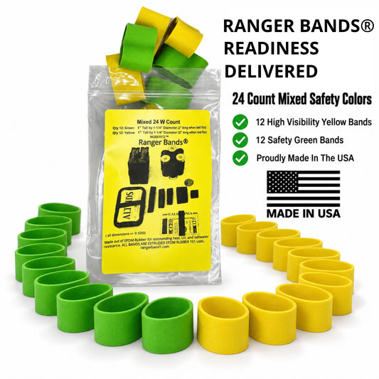 Ranger Bands® Mixed 24 Extra Stretch Safety colors Wide Made from EPDM Rubber for Survival, Emergency Tinder and Strapping Gear Made in the USA