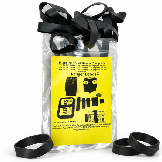 Ranger Bands® Mixed 70 Count Heavier Compound Made From EPDM Rubber for Emergency Tinder, Survival and Strapping Gear of Various Sizes NGE61972