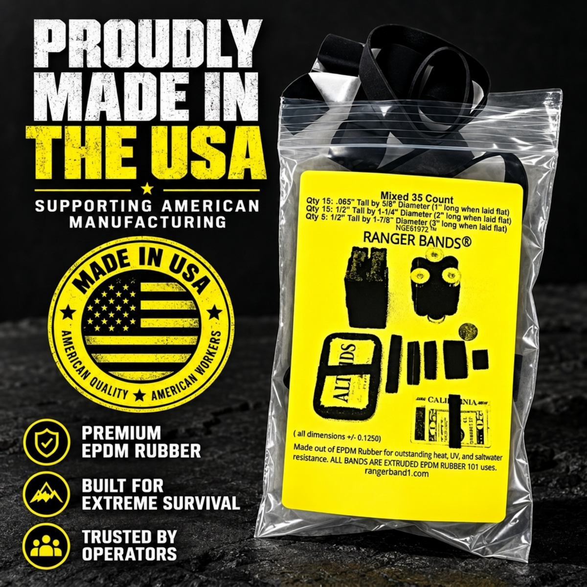 Ranger Bands® 35 Count Mixed Made from EPDM Rubber for Survival, Emergency Tinder and Strapping Gear of Various Sizes Made in the USA NGE61972™