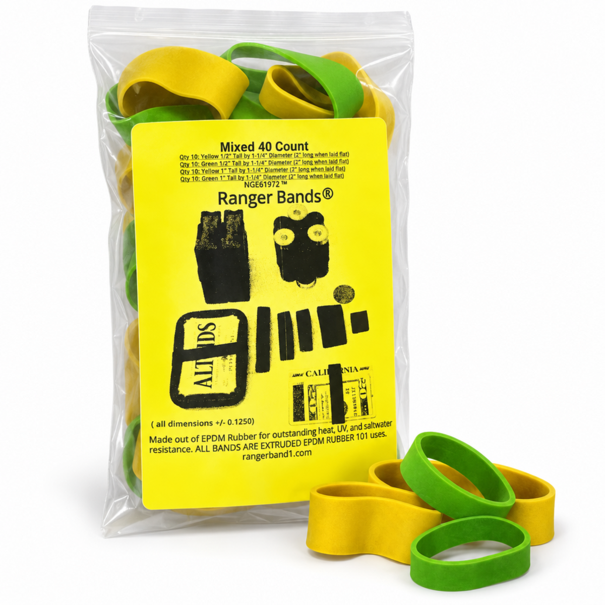 Ranger Bands® Mixed 40 Count Extra Stretch Safety colors Made from EPDM Rubber for Survival, Emergency Tinder and Strapping Gear Made in the USA